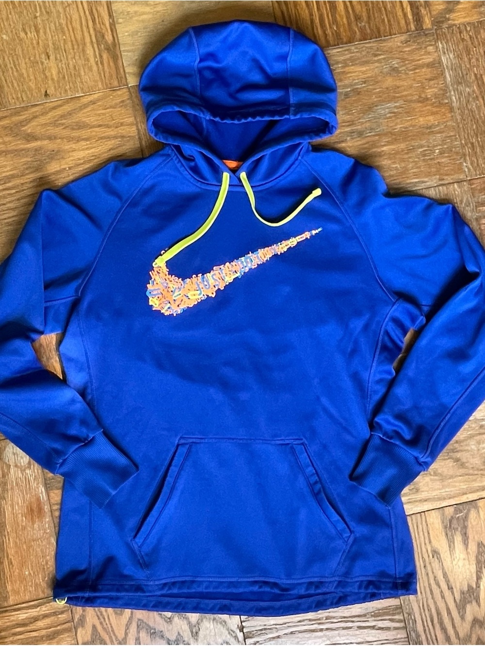 Nike Royal Blue Therma-FIT Hoodie Neon Sprinkle Swoosh Logo Men’s Medium